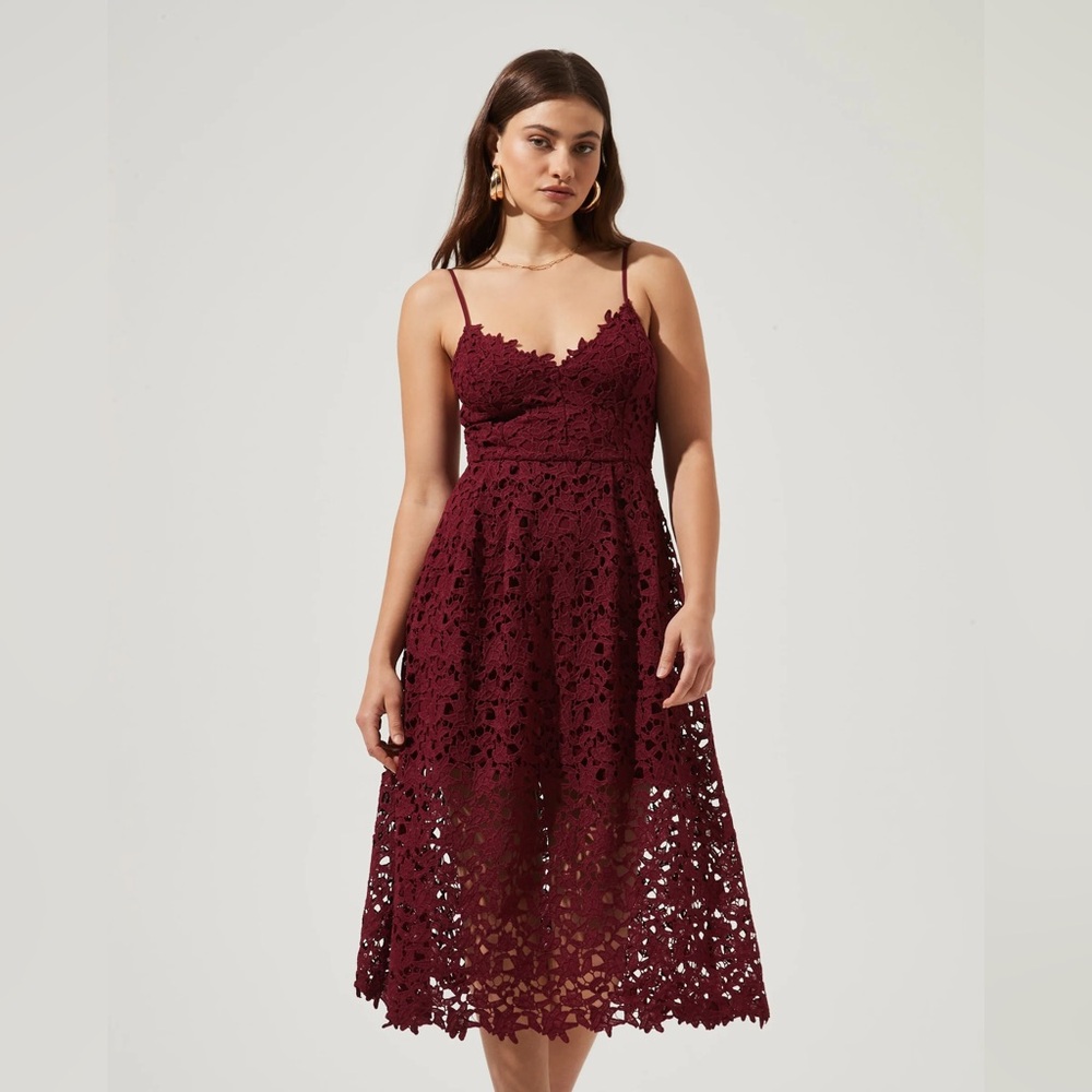Astr Burgundy Lace Midi Dress